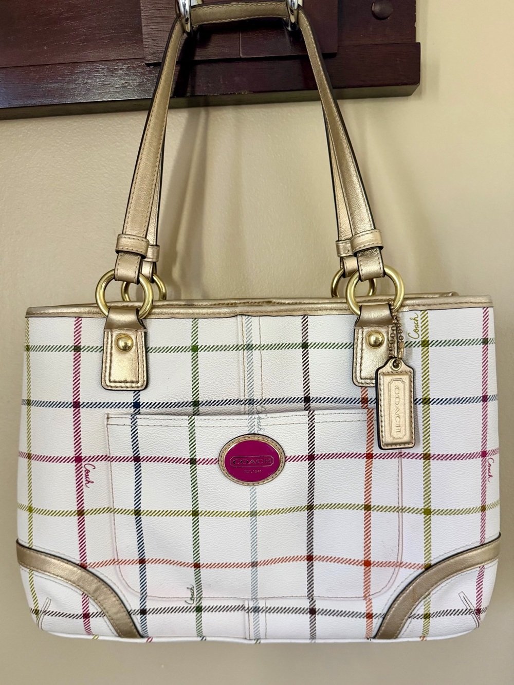 Coach White Plaid Tote with Multicolor Stripes and Gold Trim